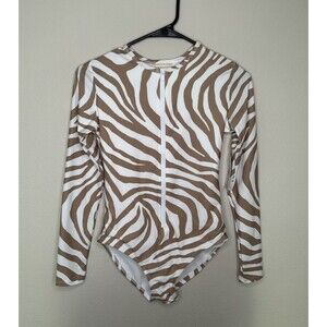 NWT $128 Michael Kors Long Sleeve Zebra Print Zip Up One Piece Swimsuit -Size 6